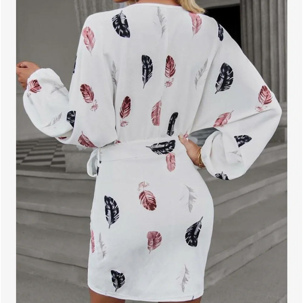 Elegant Feather Print Surplice Neck Long Sleeve Belted Dress - Picture 3 of 5